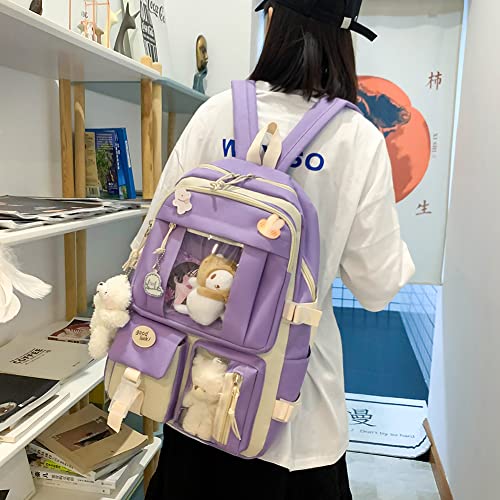 5 stks/set Kawaii Rugzak met Beer poppen en badges Accessoires, Canvas Schooltassen Set Leuke Rugzak voor Cosplay Tiener Student Grote Capaciteit Schooltas Clutch Boekentassen - Image 4