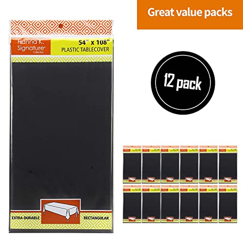Image of Party Dimensions Black Plastic Tablecloths, 12 Pack, 54 x 108 Rectangle | Disposable Waterproof Plastic Table Cover for Birthdays, Weddings, Graduations, Picnics & BBQs, Indoor Outdoor, 6-8 ft Tables