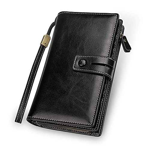 Big Capacity Genuine Leather Wallet for Women RFID Blocking Zip Clutch with Phone Organizer Wristlet (Black)