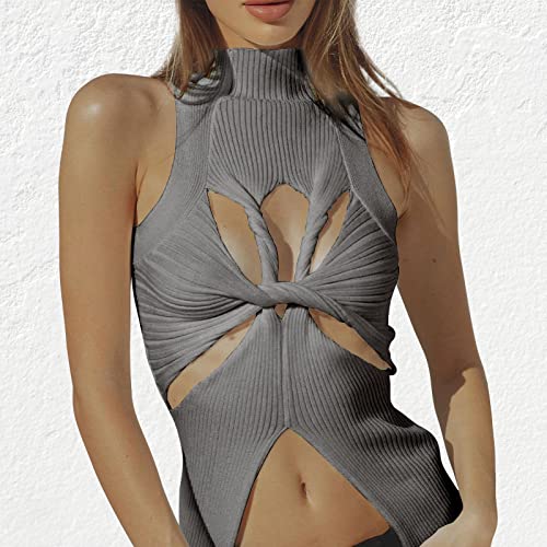 Image of Women Strapless Crop Top Sexy Hollow Out Twist Front Knitted Tank Tops Sleeveless Y2K High Neck Cut Out Sweater Vest