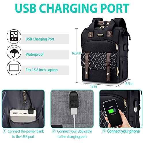 Backpack for Women, School Backpacks for Teen Girls, Large Wide Open Backpack with USB Charging Port, 15.6 Inch Work Laptop Backpack, Black4