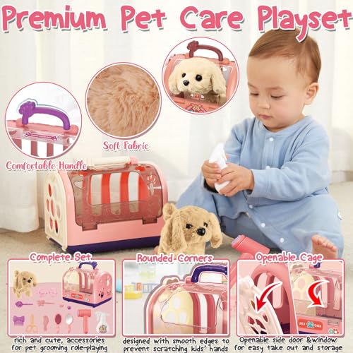 TEUVO 14Stück Hund Spielzeug Kinder, Spielzeug Hund der Läuft und Bellt mit Tierkäfig und Kuscheltier Interaktiver Elektrischer Plüsch Interaktives Haustier Hund Geschenke für 2-8 Jahre Mädchen Jungen