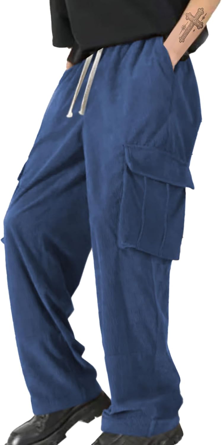Mens Solid Color Corduroy Cargo Sweatpants Drawstring Elastic Waist Loose Fit Streewear Hip Hop Trousers