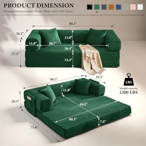 Image of Boneless Couch Futon Sofa Bed Sectional Couches for Living Room,Cloud Couch with Sleeper Sofa,Sofas for Living Room Oversized Corduroy Upholstered (Green, 81 Inches (with Iron Frame))