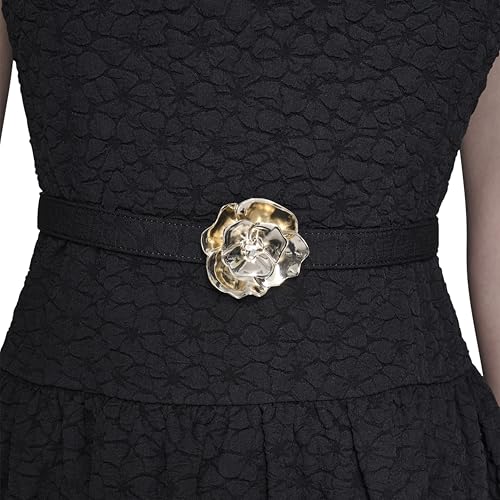 Image of Karl Lagerfeld Women's Sleeveless Crew Neck Flower Belt Floral Stretch Jacquard A-line Dress