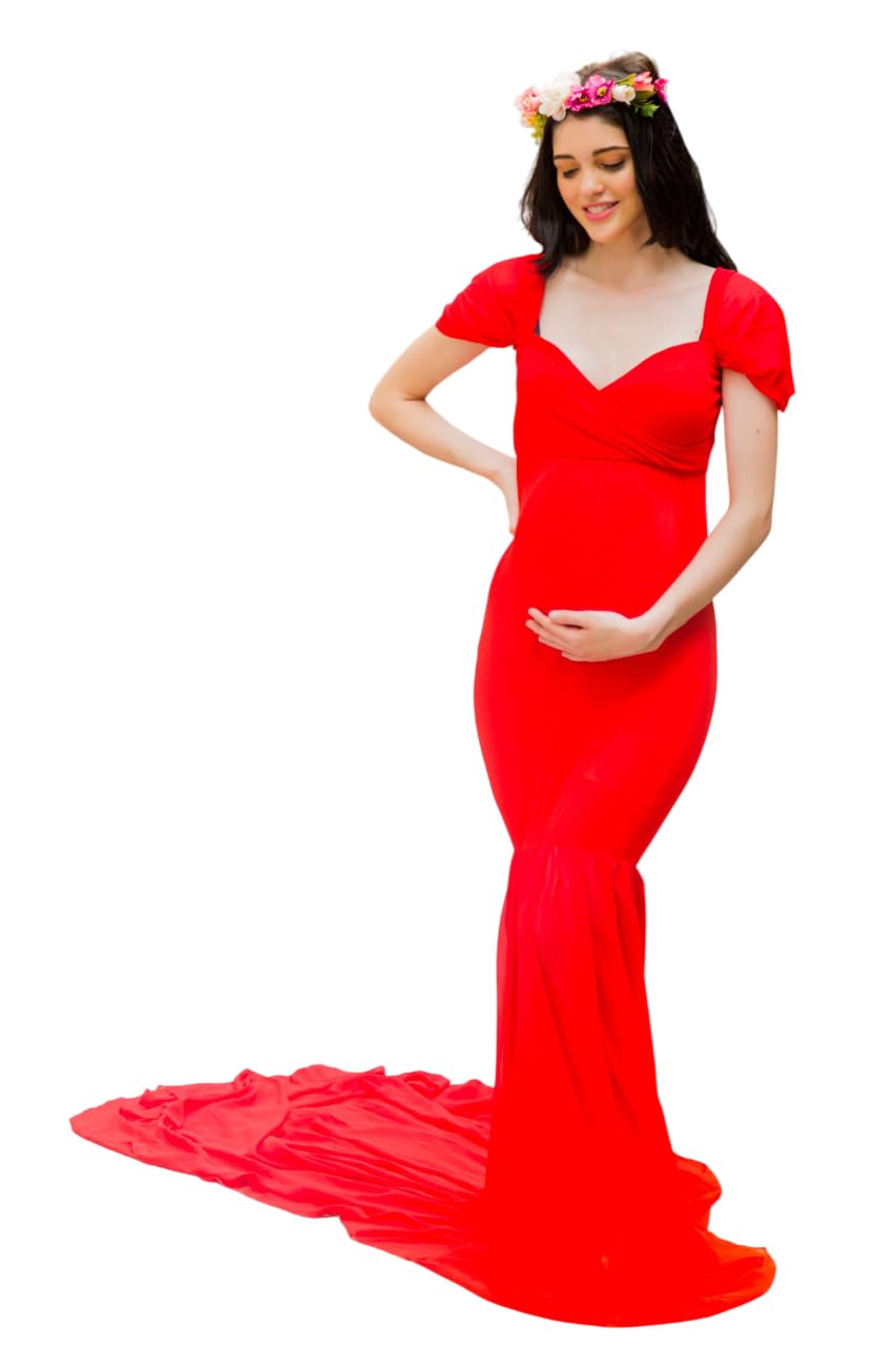 momzjoy Exclusive Red Fish Cut Maternity Photoshoot Gown-picture-57
