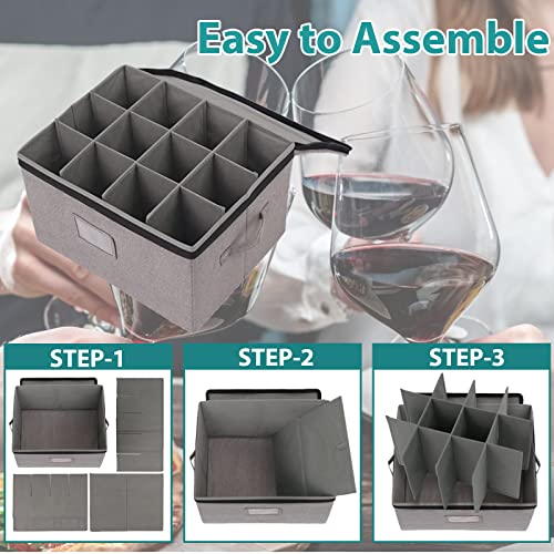 Xmasorme Wine Glass Storage Box With Dividers 2 Pack,Glassware Storage Containers,Hard Shell Stemware Storage Cases For 12 Red Wine Glasses With Label Window,Handles For Moving,Storage,Picnics #TOP5