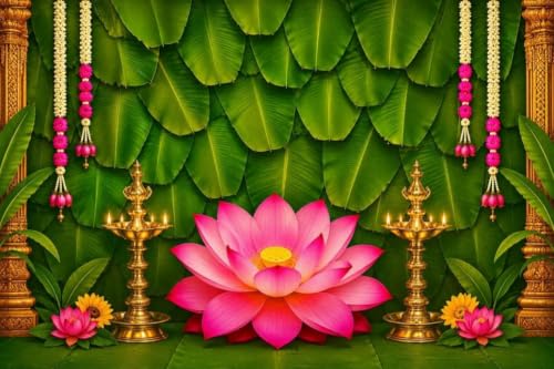 Image of Traditional Decorations backdrops | Banana Leaf Backdrop with Giant Pink Lotus, Jasmine and Rose Garlands | Banana Background Backdrop | Lakshmi Pooja Background 8x8 feet