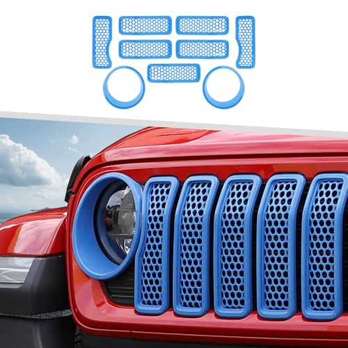Image of 9PCS Headlight Cover & Front Grill Mesh Inserts Compatible with Jeep Wrangler JL JLU 2024+, NOT FIT JL Sport /Sport S (Light Blue)