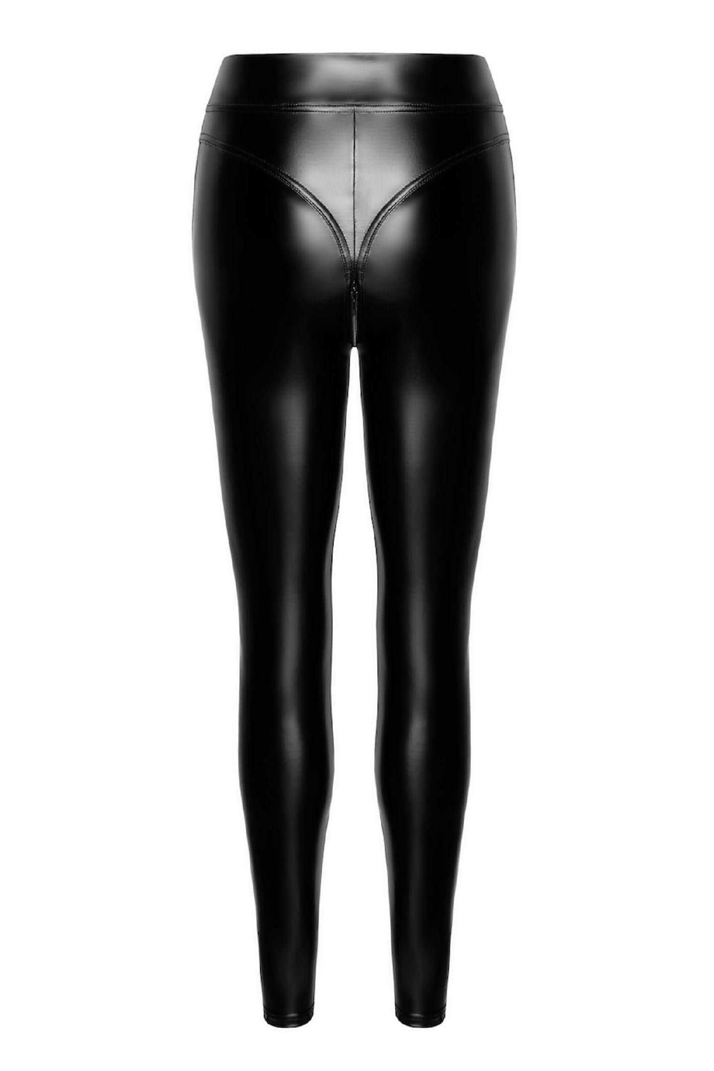 Frauen Wetlook Leggings schwarz Hose mit 2-Wege Reißverschluss im Schritt Pants Skinny