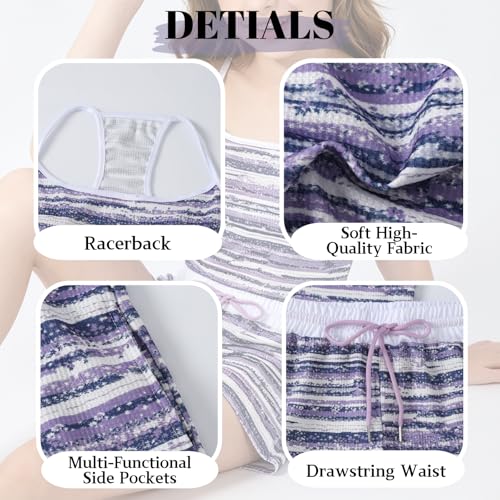 Image of Size 7-14Y Girls Clothes 2 Piece Outfits Striped Tank Top Drawstring Shorts Teen Girls Summer Clothing Sets