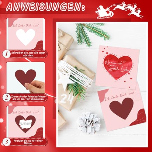 Adventskalender Liebe Karte - Ich Liebe Dich, Weil... Adventskalender Karte Partner mit 24 Zahlenaufkleber, 24 rubbel, Kordel und Holzklammern, Liebesgeschenke für Weihnachten