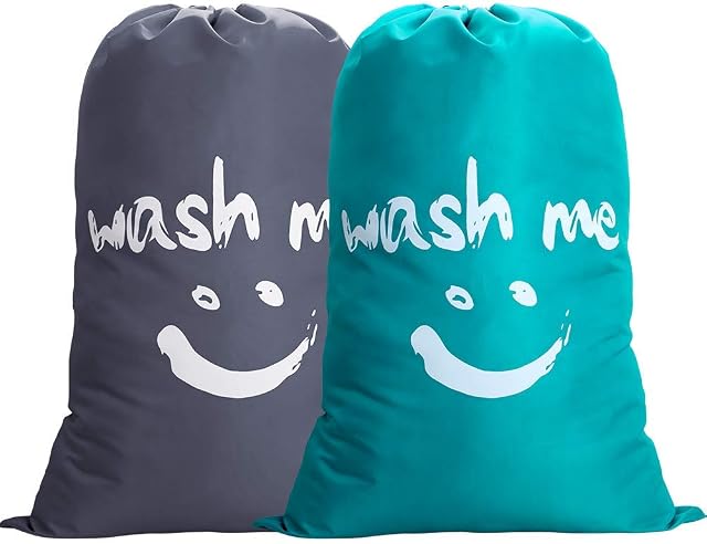 IHOMAGIC 2 Pack Extra Large Laundry Bag Foldable Storage Bag with Drawstring Cord Lock Closure, Nylon Dirty Clothes Bags for Bathroom Home or Dormitory and travel Blue-smile Fabric Bag Blue/Gray