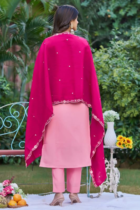 Image of Women's Baby Pink Kurti Pant Set with Dupatta | V-Neck Floral Embroidered Straight Kurta Set for Women | Festive Ethnic Suit Set For Women