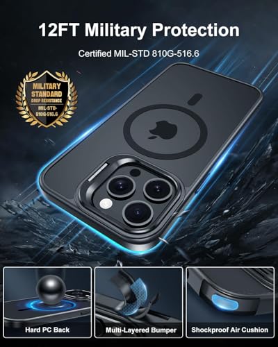 Image of Elzzi PC Kickstand Mag Safe Case For iPhone 16 Pro Max, Built-in Adjustable Camera Stand, Translucent Matte Magnetic Mag-Safe Shockproof Case Phone Cover (Black Titanium)