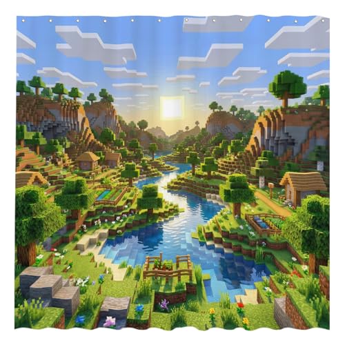 Funnytree Gaming Pixel Art Shower Curtain 72x72 - Waterproof Fabric Bathroom Decor for Boys Teens Men Boyfriend Husband Easy Care Washable (Hooks Not Included)