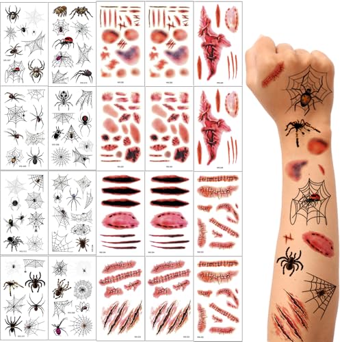 20 Blatt Halloween Tattoos für Kinder, Narben Wunde Spinnen Tattoo Gesicht, Halloween Gesichtstattoo Kinder Hexen Zombie Vampir Kostüm Mädchen Jungen Accessoires Mitgebsel Geschenke