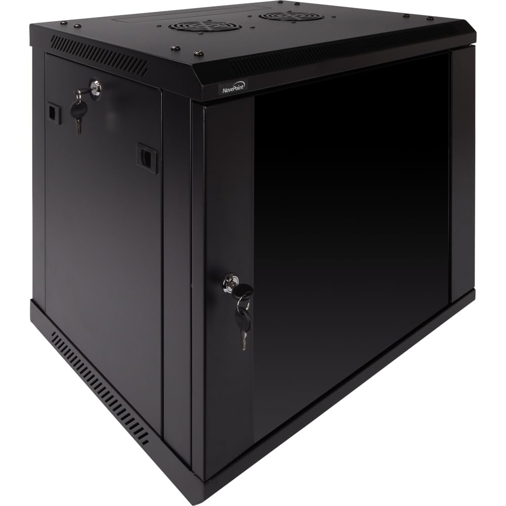 NavePoint Gabinete de red de montaje en pared 9U para equipos de TI de 19 pulgadas, A/V, puerta de vidrio templado, paneles laterales, cerraduras, 2 ventiladores, 450 mm de profundidad, peso máximo 132 libras