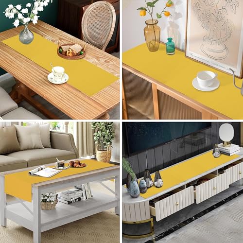 Image of HOME COLORS.IN Solid Color Texture Ribbed Cotton Table Runner for Dining Table, Teapoy, TV Table, Coffee Table, Center Table - Modern Dining Room - Table Decor Runner - 14 x 52 Inch - Yellow