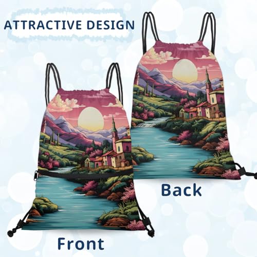 Village Springtime Polyester Drawstring Bag with Zipper Pocket, 18x14 Inch Water-Resistant Gym Sack String Backpack for Sports, Travel, Camping4