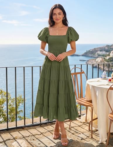 Image of ZESICA Women's 2026 Summer Puff Sleeve Midi Dress 2026 Boho Solid High Waist Flowy Beach Wedding Guest Long Dresses