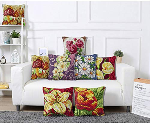 Image of Tulip Latch Hook Pillow Kits for Adults Beginners Pre-Printed Cushion | Home Sofa Cushion Cover Preprinted Canvas Crochet Yarn Kits Needlework Crafts Festival Gift for Adults Beginner 17X17 Inch