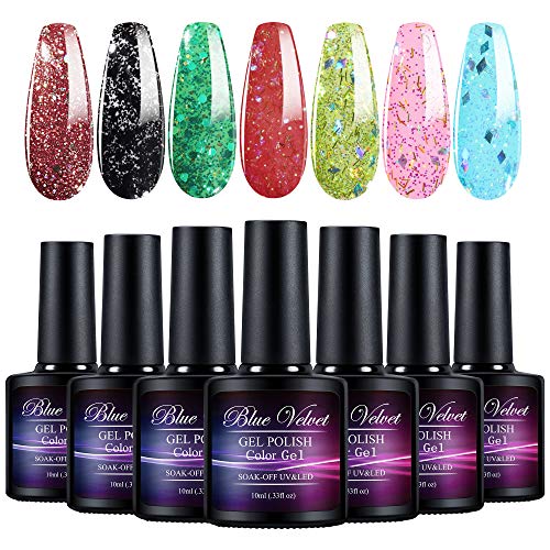 7PCS Glitter Gel Polish Set Blue Velvet Sparkle Glitters Colors Nail Polish Gel Kit Nail Art Design Manicure Gift Set Soak Off LED Gel Nail Lamp Cured for Nails Art Beauty Salon/ at Home 10ml