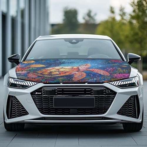 Image of Turtle Pattern Car Hood Cover Easy to Install Car Hood Cover Protector Elastic Fabrics Can be Washed Stretch Polyester Fabric Cover Personalized Suitable for Cars