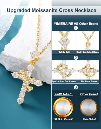 YIMERAIRE Upgraded Moissanite Crown Cross Necklace 14K Gold Vermail 1.1 Carats Dainty Iced Out Christian Faith Cross Jewelry S925 Sterling Silver Simple Gold Moissanite Cross Pendant Necklace For Women3