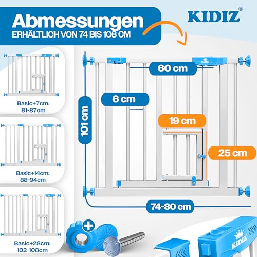 KIDIZ Absperrgitter zum Klemmen mit Katzenklappe, Türschutzgitter, Autoclose Kinder Treppengitter ohne Bohren | 90° Stopp Schutz, schwenkbar, Treppenschutzgitter, Weiß/Blau, Breite: 74-80 cm
