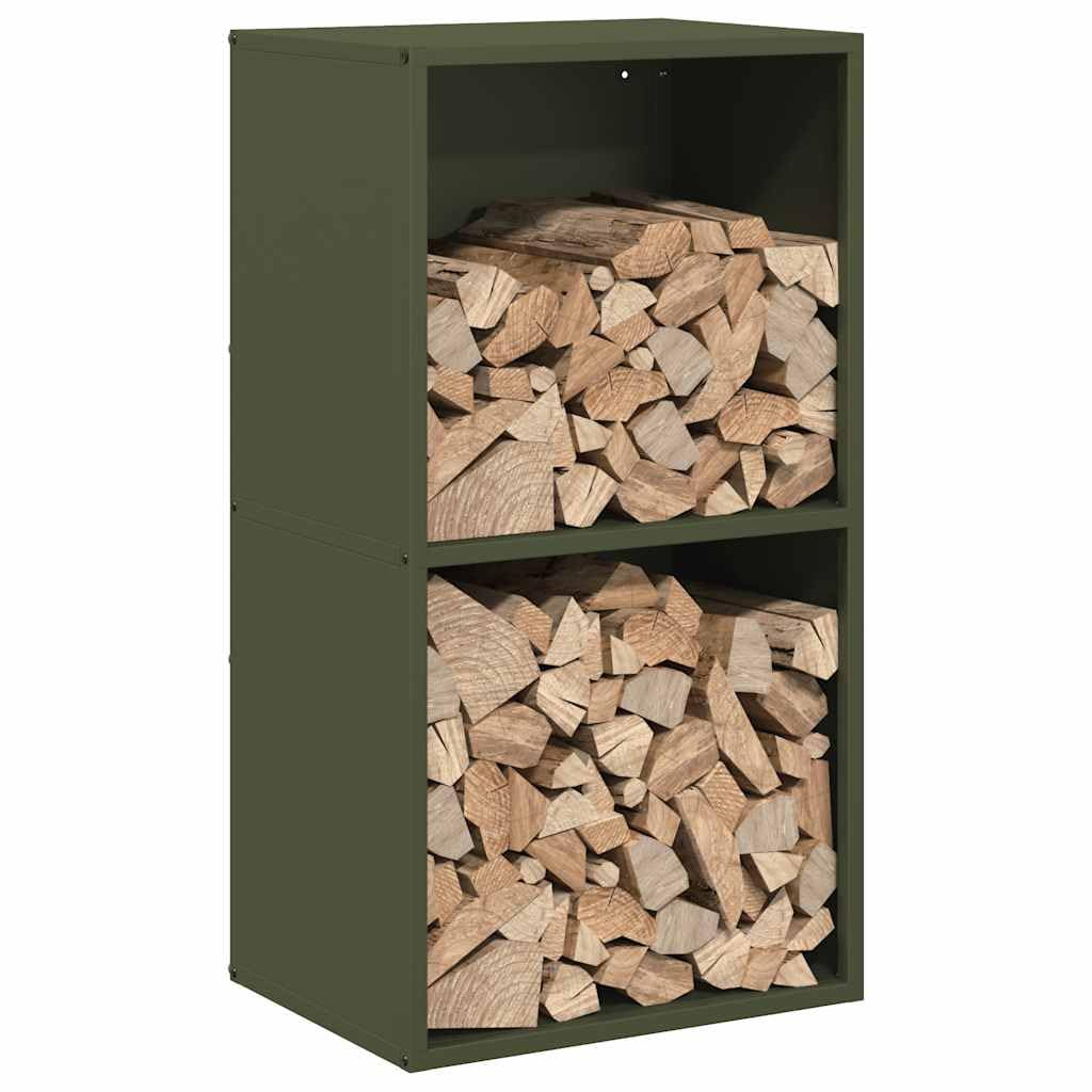 Étagère à bûches vert olive en acier laminé à froid 40 x 30 x 75 cm, robuste et stable, idéale pour le stockage du bois de cheminée, le stockage du bois de chauffage en intérieur et en