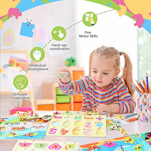 Toddler Puzzles and Rack Set, 7-Pack Wooden Peg Puzzle & Teaching Clock Bonus Holder, Come with All Wood Knob for Kids Ages 2 3 4 5 Year Girl Gift - Alphabet Number Shape Animal Vehicle Sea - Thumbnail 3