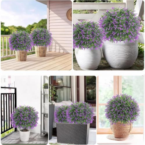 Bloyapix 27.5" Artificial Lavender Boxwood Topiary Ball Trees, Set of 2 Fake Shrubs Bushes with Ground Spike, UV Resistant Faux Evergreen Tree for Front Porch Outdoor Garden Decor - image 6