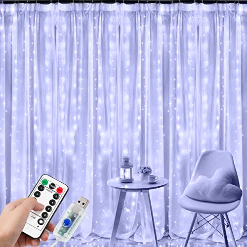DIZA100 Lichterketten Lichtervorhang 300 LEDs USB Vorhanglichter String Light 8 Modi mit Fernbedienung Timer IP44 für Deko Innenbeleuchtung Coolweiß