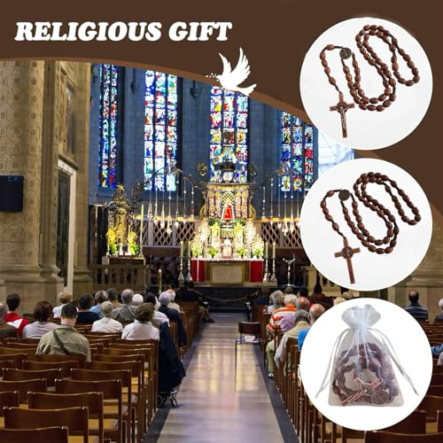 Image of Bovemee Saint Benedict Medal Prayer Pocket Rosary Catholic Brown Wood Beads with Medalla de san benitol and Crucifix, 9 Inch