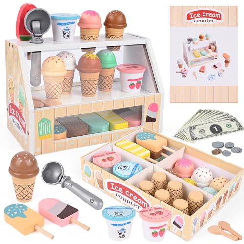 Heladeria Juguete, Diealles Shine 45 Piezas Helados Juguetes de Madera, Juegos de rol Cocinita Infantil para Regalo Niño