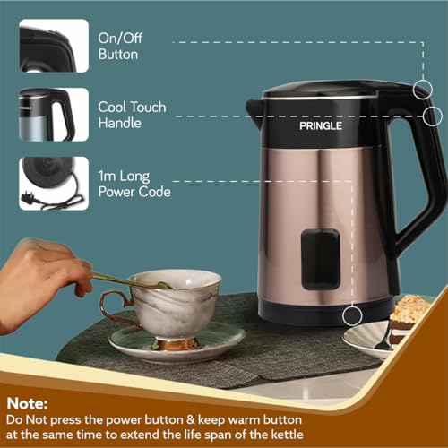 Image of Pringle Aqua Double Wall Electric Kettle 2L 1500W | Stainless Steel Inner | Boil Dry Protection & Auto Shut-Off | 360 Cordless Base | Inbuilt SS Filter | Concealed Heating Element - Copper