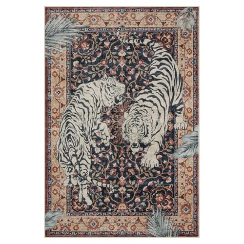 Moynesa Tiger Washable Area Rug, Boho 6x9 Rug for Living Room, Vintage Large Soft Bedroom Rug, Non Slip Ultra Thin Stain Resistant Floor Carpet for Dining Room Home Office, Puce Red