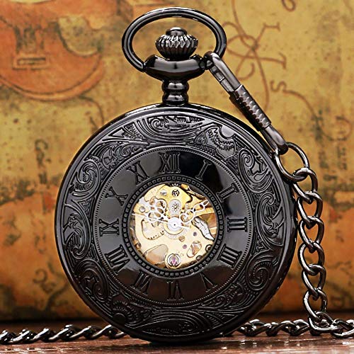 WRENDYY Pocket Watch Roman Numerals Display Mechanical Pocket Watch Hand-Wind Hollow Skeleton Punk Pocket Pendant Watch Gifts for Men Vintage,Black