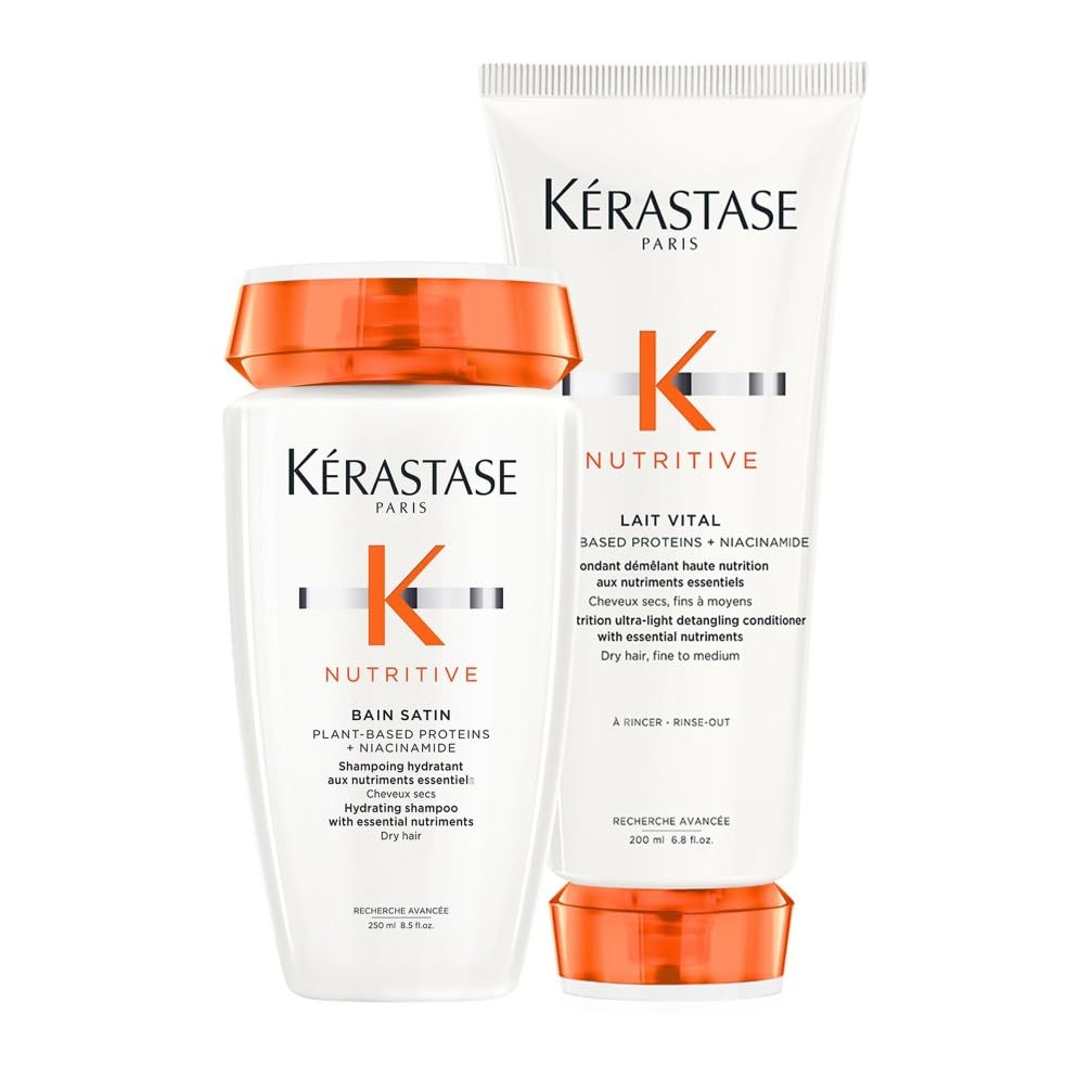 Kérastase, Nutritive, Routine Nutriente Per Capelli Secchi, Con Nutrienti Essenziali, Idrantante e Districante, Shampoo Bain Satin + Balsamo Lait Vital