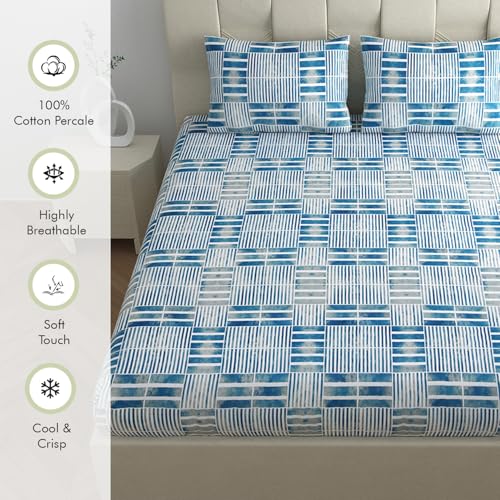Image of LINENWALAS 100% Cotton Queen Size Fitted Bed Sheet for Double Bed, Printed All Around Elastic Bedsheet (60 x 78 Inches) + 2 Pillow Covers | 210 TC Soft, Breathable, Luxury Bedsheet (Coastal Chevron)