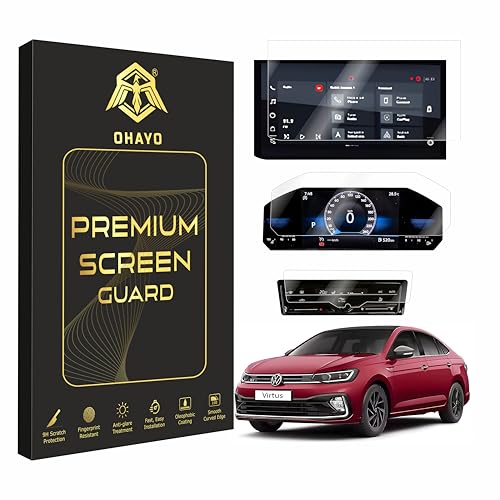 Image of OHAYO 3 Pack Screen Protectors for Volkswagen Virtus 2023 to 2026 | 10 Inch Infotainment Display + 8 Inch Instrument Cluster + AC Control Panel Protective Film | Precise Fit for Topline, GT, GT Plus, GT Edge Variants | 9H Hardness, Military Strength, Scratch Resistant, HD Clear, High Touch Sensitivity | Not Tempered, Not Glass