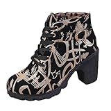 PantaMedias Color Carne Decorativas con Cordones y Tacón Grueso, con Cremallera Lateral y Hebilla para Cinturón de Mujer Botas Bajas de Cuero, dorado, 37 EU