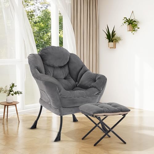 SAETSFEG Lazy Chair with Ottoman Modern Accent Lounge Chair with Side Pocket and Armrests Cozy Reading Armchair with Footrest Upholstered Sofa Chair for Small Spaces Bedroom Living Room Dark Grey