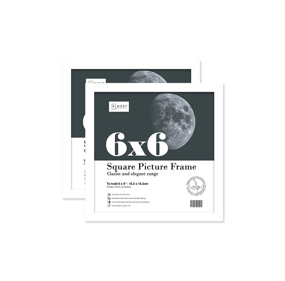 Almost Frameless 6x6 White Picture Frame Set of 2, Display 6x6 Picture Gallery Wall, Poster, Photo, Artwork, or Print, White, Square