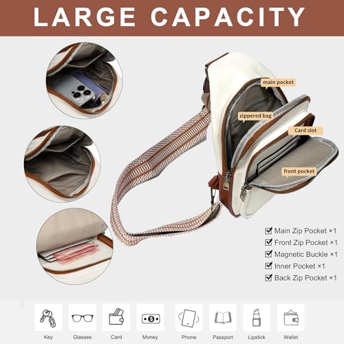 Image of FAYBA Small Sling Bag for Women Crossbody Fanny Pack, PU Leather Wide Guitar Strap Chest Sling Backpack Purse White