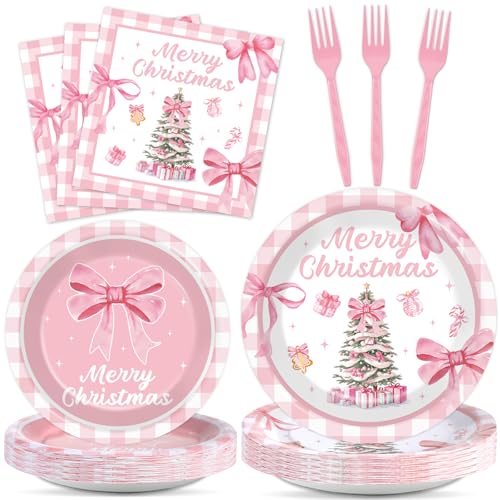 Image of 96Pcs Pink Christmas Tree Party Decorations Pink Bow Plates and Napkins Tableware Buffalo Plaid Dinnerware for Merry Xmas Winter Holiday Party Supplies 24 Guests