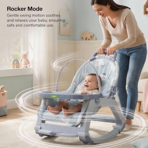 Image of Baybee Baby Rocker & Bouncer Chair for 0-3 Years | Baby Feeding Chair with Push Rocker Mode, Adjustable Canopy, Hanging Toys, 360 Wheels & 3-Point Safety Belt (Blue)