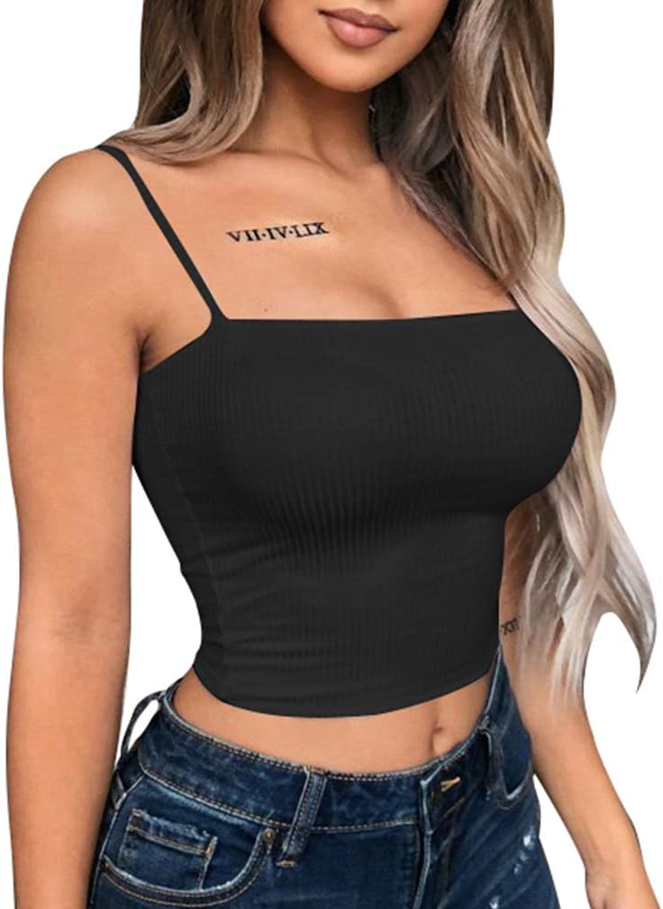 YMDUCH Women's Sexy Crop Top Stretch Spaghetti Strap Ribbed Knitted Basic Cami Black