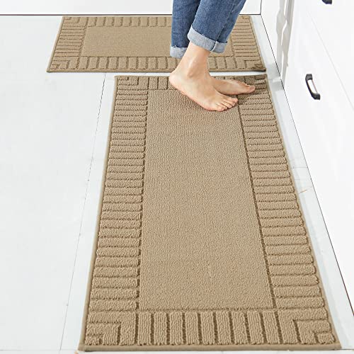 BEQHAUSE Kitchen Rugs Washable Kitchen Mats Floor Non-Slip Kitchen Mats Absorbent Kitchen Runner with TPR Non Skid Backing Set of 2 50X76cm+50X122cm Beige